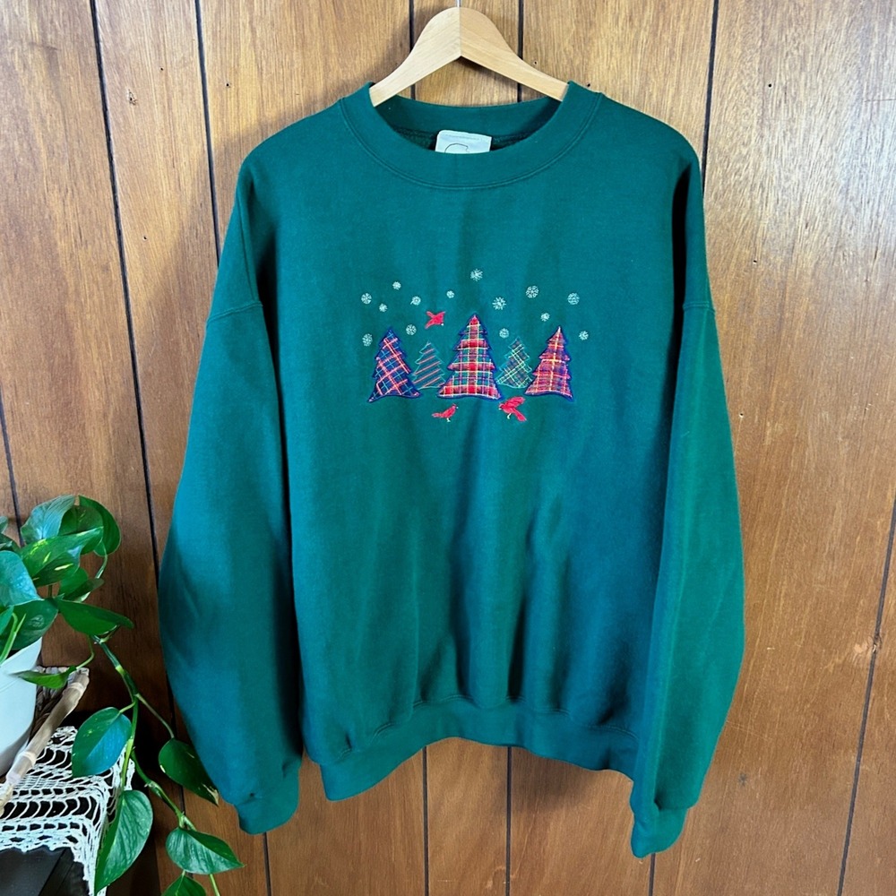 Vintage Peanut Butter‎ & Jelly Christmas Trees Embroidered Sweatshirt Green XL